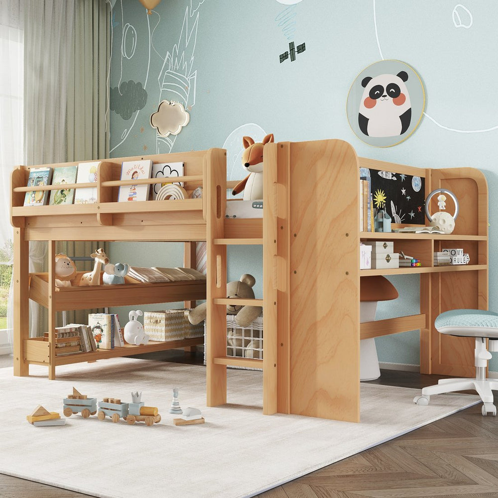 English Elm Twin Low Loft Bed Solid Pine Frame Kids Study Desk Blackboard Storage White W1580S00571