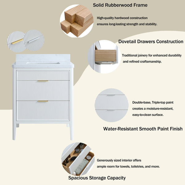English Elm Fully Assembled 30 Inch Bathroom Vanity Solid Rubberwood Cabinet Carrara Marble Top W1826P439632