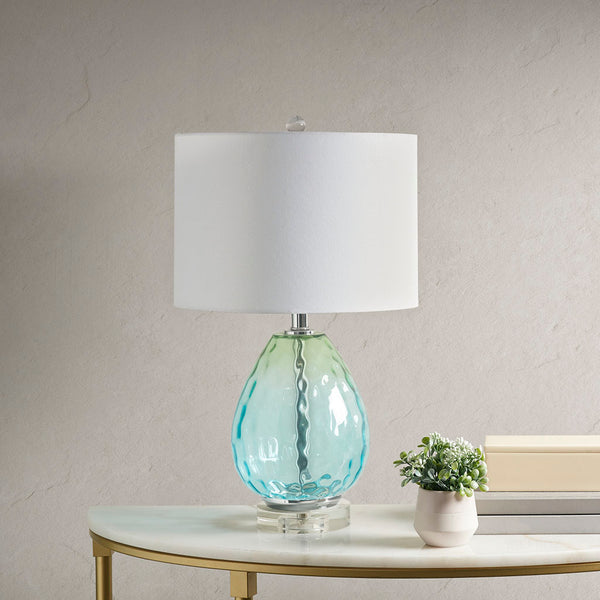 JLA Home 510 Design - Ombre Glass Table Lamp with Gradient Base and Cream Drum Shade for Cozy Ambient Lighting, Modern Style Blue UH153-0057