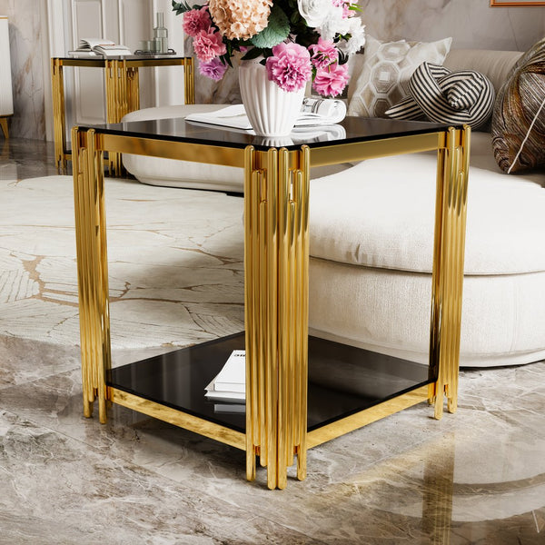 English Elm Modern Round Mirrored Glass End Table with Gold Metal Frame and Lower Display Shelf Black N735P380093B