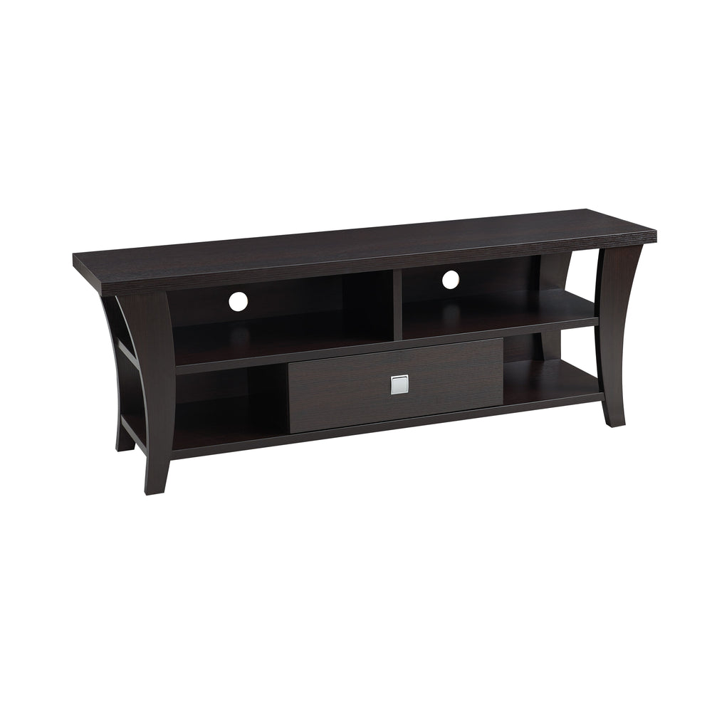 English Elm TV Stand Curved Legs Modern Media Console with Divided Shelf, One Drawer on Metal Glides, Open Design B107P302100