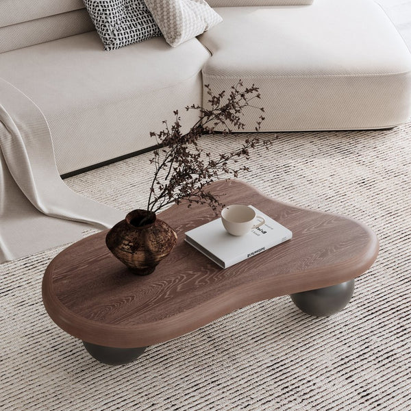 English Elm 47 Inch Organic Cloud Silhouette Coffee Table with Sculptural Ball Legs for Living Rooms Black + Dark Walnut W1435S00034