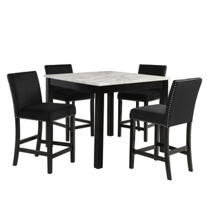 English Elm 5Pc Counter Height Dining Set – Chic White Faux Marble Table & Elegant Black Velvet Chairs For Stylish Dining B011P243224