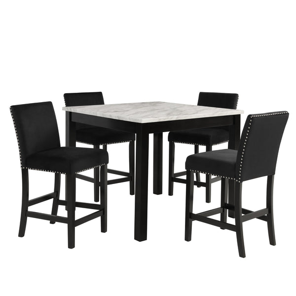 English Elm 5Pc Counter Height Dining Set – Chic White Faux Marble Table & Elegant Black Velvet Chairs For Stylish Dining B011P243224