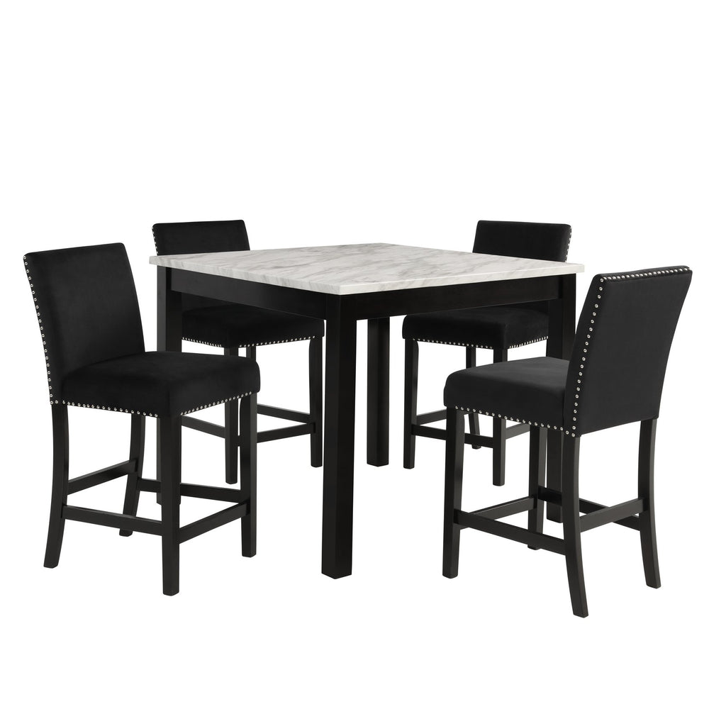 English Elm 5pc Counter Height Square Faux Marble Table Tufted Velvet Chair Set Dining Room B011P446667