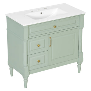 English Elm 36" Freestanding Bathroom Vanity With Stylish Ceramic Basin, Smart Storage & Elegant Green Finish N725P356064F