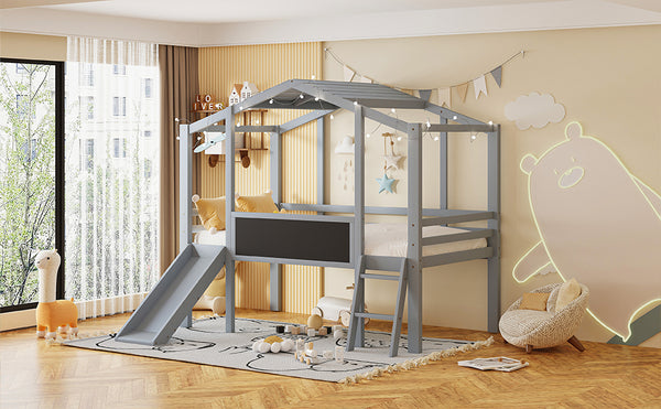 English Elm Twin House Loft Bed with Slide Chalkboard Panel and Led Roofline for Kids Gray WF324323AAE