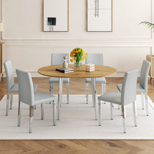 English Elm Table Set Oval Tempered Glass Top Silver Twin Column Base with Six Pu Dining Chairs W1151S04834