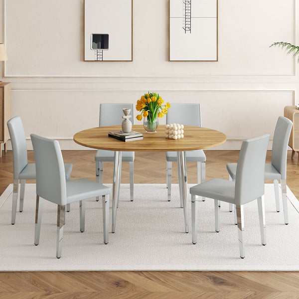 English Elm Table Set Oval Tempered Glass Top Silver Twin Column Base with Six Pu Dining Chairs W1151S04834
