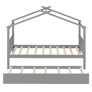 English Elm Twin House Bed Solid Pine Cottage Frame with Pull Out Trundle for Kids Bedroom Gray N708P309238E