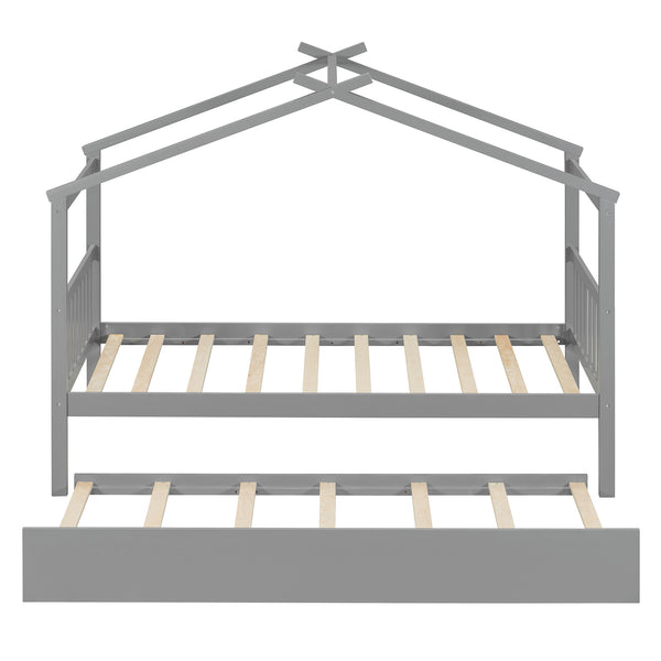 English Elm Twin House Bed Solid Pine Cottage Frame with Pull Out Trundle for Kids Bedroom Gray N708P309238E