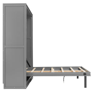 English Elm Rotating Queen Murphy Wall Bed with 14 Open Shelves Hydraulic Lift Space Saving Gray LP000962AAE