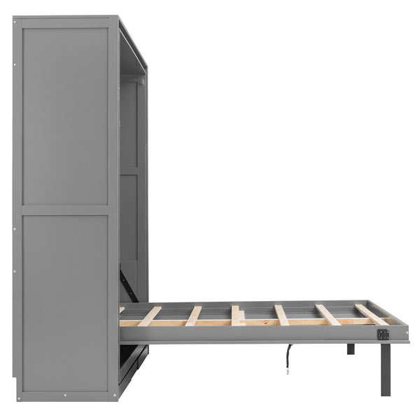 English Elm Rotating Queen Murphy Wall Bed with 14 Open Shelves Hydraulic Lift Space Saving Gray LP000962AAE