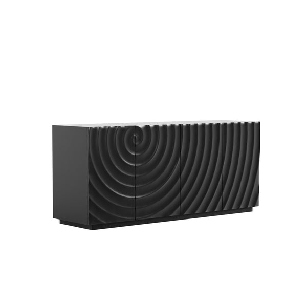 English Elm Buffet Sideboard with Wave Textured Doors Matte Black Sculptural Storage Cabinet W2263P353560