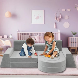 English Elm 13 Piece Modular Foam Play Couch Velvet Sectional for Creative Kids Playroom Light Gray T5880P493408
