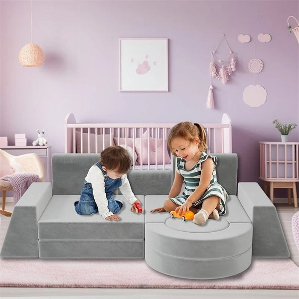 English Elm 13 Piece Modular Foam Play Couch Velvet Sectional for Creative Kids Playroom Light Gray T5880P493408