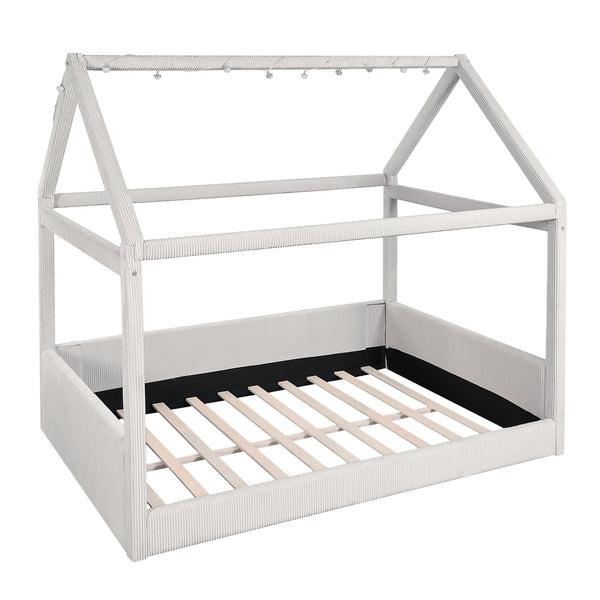 English Elm Full Size Upholstered House Daybed With Led Lighting, Cozy Beige Corduroy For Kids & Guests N7500001335A