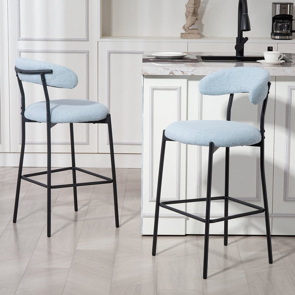 English Elm 26'' Teddy Counter Height Bar Stool Blue Fabric Cover with Soft Cushion, Stylish Backrest, Black Powder-Coated Base and Footrest for Kitchen Island (Set of 1) W2215P292148