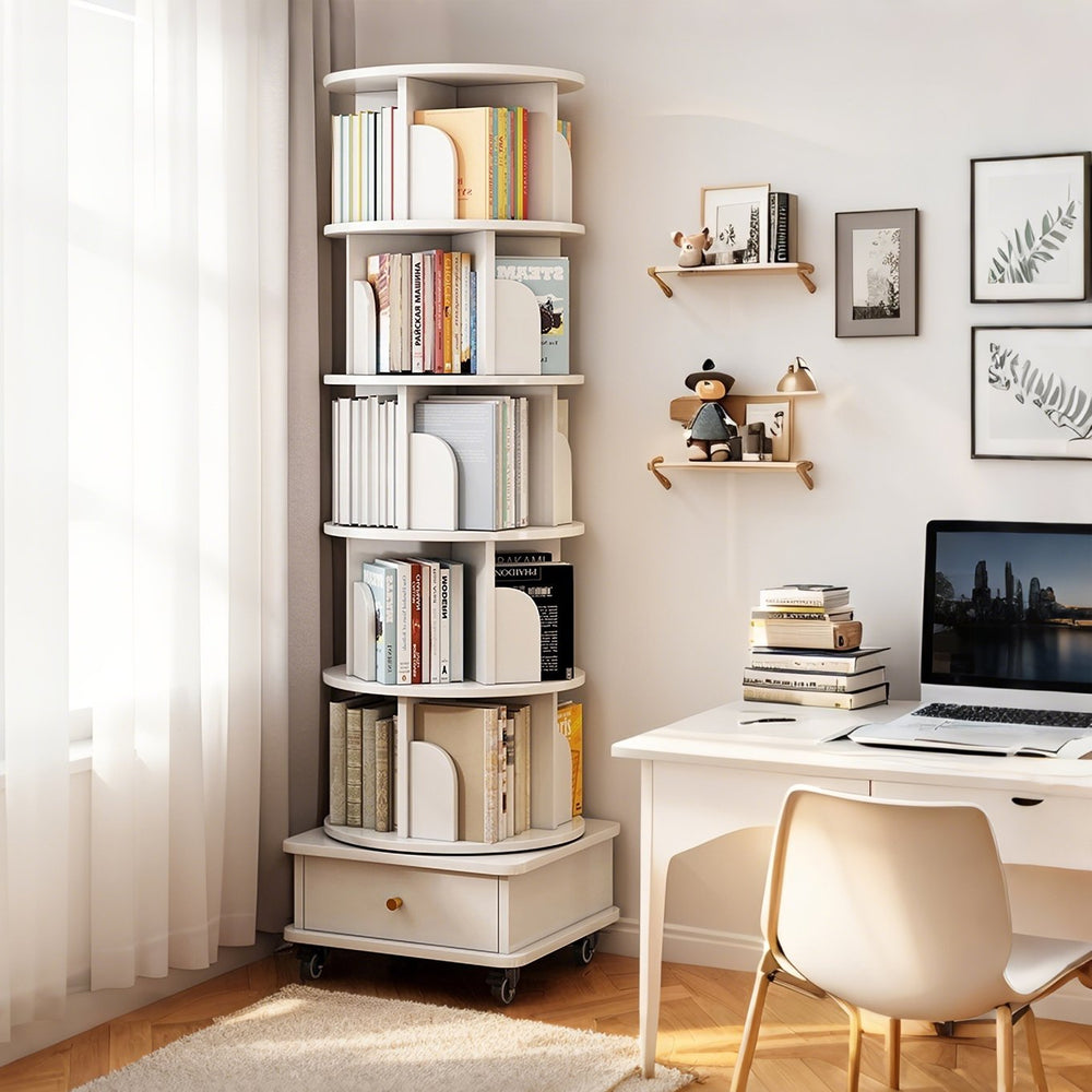 English Elm 6 Tier Rotating Bookshelf 360° Spinning Tower with Lockable Wheels, Drawer & Stable Base for Home Office White W3204P309485