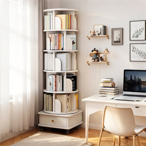 English Elm 6 Tier Rotating Bookshelf 360° Spinning Tower with Lockable Wheels, Drawer & Stable Base for Home Office White W3204P309485