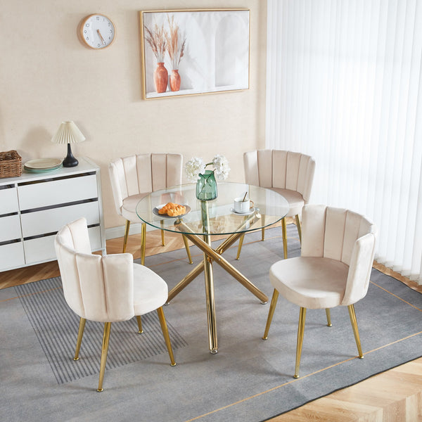 English Elm 1+4,5Pieces Mid-Century Dining Set With Glass Top & Gold Metal Legs - Stylish Table For 4-6 People W234S00091