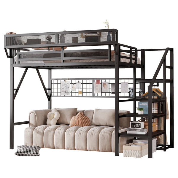 English Elm Full Size Metal Loft Bed with Wardrobe Stairs Rgb Lighting Industrial Frame W2580S00051