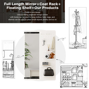 English Elm 47.6 Inch Sliding Full Length Mirror with Hidden Rubber Wood Storage Panel for Bedroom W2987P289196