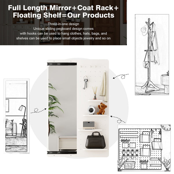 English Elm 47.6 Inch Sliding Full Length Mirror with Hidden Rubber Wood Storage Panel for Bedroom W2987P289196