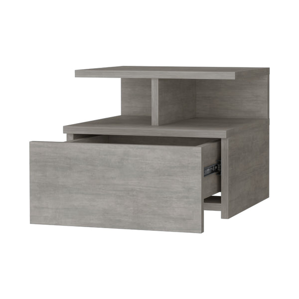 English Elm Augusta Floating Nightstand Concrete Gray — Wall-Mount 1-Drawer + 2-Tier Shelf, Space-Saving Modern Design B128P176116