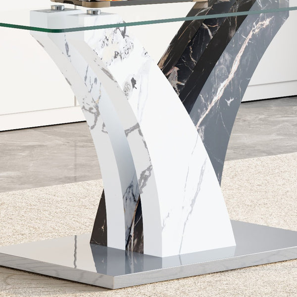 English Elm Table Set: Modern Dining Table With Glass Top & Artistic Legs Paired With 4 Comfortable Pu Chairs W1151S03810-GIGA