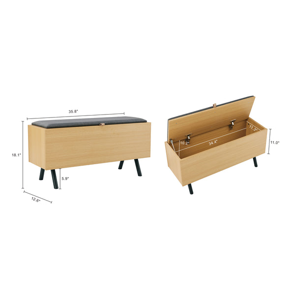 English Elm Paloma Upholstered Accent Storage Bench in Light Oak with Gas-Strut Lift, Metal Legs, Seats 2 B365P398213