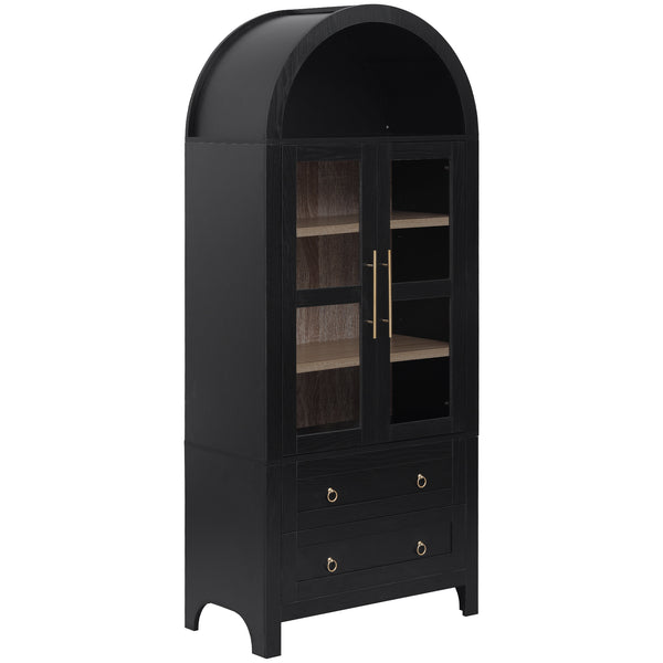 English Elm K&K 71" Arched Kitchen Pantry Cabinet with Glass Doors, Adjustable Shelves, Soft-Close Drawers Black N707P288972B