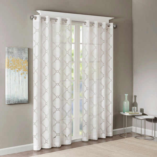 JLA Home Madison Park - Fretwork burnout sheer curtain panel with grommet top for soft light diffusion and layered texture White MP40-3775