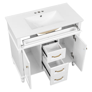 English Elm 36 Inch Bathroom Vanity with Ceramic Sink, Durable MDF & Solid Wood Frame, Soft-Close Doors, Luxe Handles, Ample Organized Storage, Modern Freestanding Design White N725P314034K