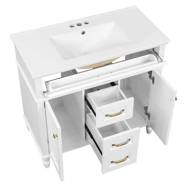 English Elm 36 Inch Bathroom Vanity with Ceramic Sink, Durable MDF & Solid Wood Frame, Soft-Close Doors, Luxe Handles, Ample Organized Storage, Modern Freestanding Design White N725P314034K