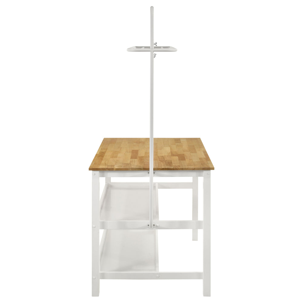 English Elm Prager Farmhouse 3-Piece Kitchen Island with Overhead Rack, Hooks & Shelves, Two Backless Stools, White B062S00619