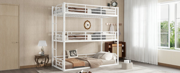 English Elm Twin Triple Metal Bunk Bed Matte Powder Coated Frame with Full Safety Guardrails Light White W1580S00579