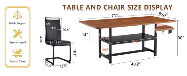 English Elm Table And Chair Set: 71" Walnut Grain Dining Table With 8 Stylish Black Pu Chairs & Storage Shelf W1151S04279-GIGA