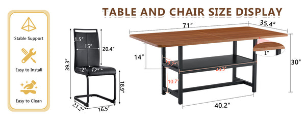 English Elm Table and Chair Set 71 Inch Walnut Grain Dining with 6 Pu Upholstered Seats Walnut+Black W1151S04278