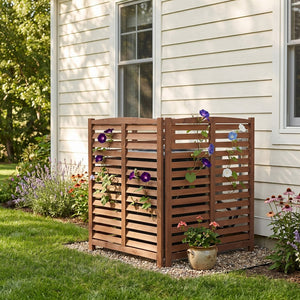 English Elm 3-panel Slatted Wood Outdoor Privacy Screen for Ac Units Trash Enclosures Gardens Brown W2640P272036