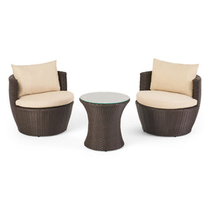 English Elm Christopher Knight Home® - KONO Woven Outdoor 3-Piece Patio Chat Set with Aluminum Frame, Tempered Glass Table, Cushions Brown+Beige 53142.00ALUBRN