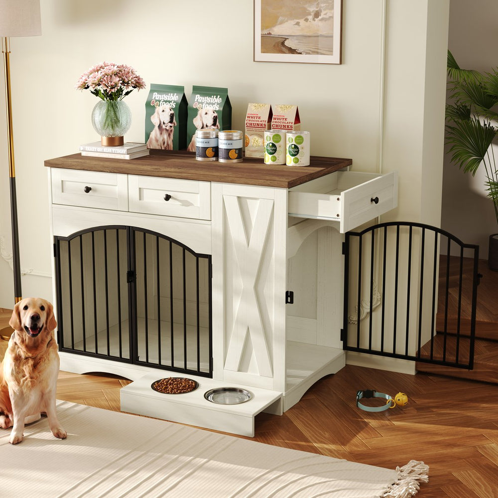 English Elm Go Farmhouse Wooden Dog Crate End Table with 3 Drawers and Built-in Pet Feeder N704P371282D