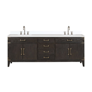 English Elm Brown Oak Double Bath Vanity With White Quartz Top & Chrome Faucet Set - Elegant Storage Solution B2731P259967