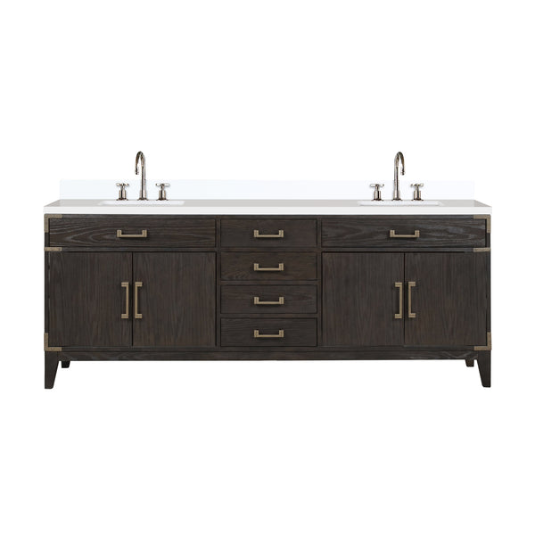 English Elm Brown Oak Double Bath Vanity With White Quartz Top & Chrome Faucet Set - Elegant Storage Solution B2731P259967