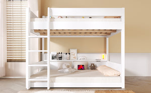 English Elm Queen Over Pine Bunk Bed with Built-in Shelves and Usb Charging Ports White N7090002238K