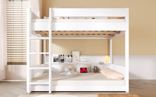 English Elm Queen Over Pine Bunk Bed with Built-in Shelves and Usb Charging Ports White N7090002238K