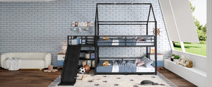 English Elm Twin House Bunk Bed with Slide Storage Stairs and Safety Rails for Kids Rooms W1580S00649
