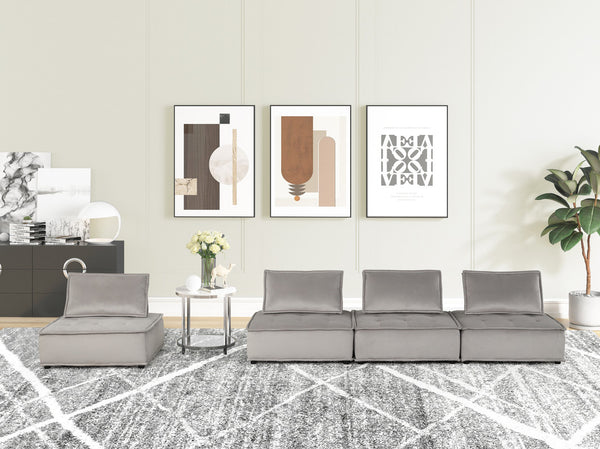 English Elm Aveline Four Piece Modular Velvet Sofa Tufted Sectional for Modern Living Rooms Light Gray B2749S00031