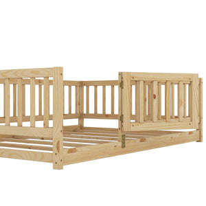 English Elm Full Montessori Floor Bed with Fence and Door, Natural Pine Slatted Full Size Bed, 300lb Capacity, Easy Assemble Oak W1820P369889