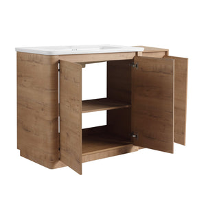 English Elm 48" Floating Bathroom Vanity Dual Ceramic Vessel Sinks Oak Finish Soft Close Doors W999S00512